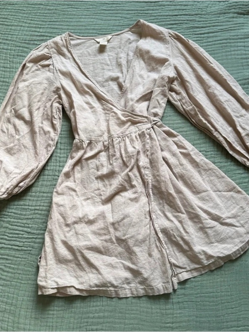 Beige oatmeal linen blend wrap Dress with Long Puff Sleeves